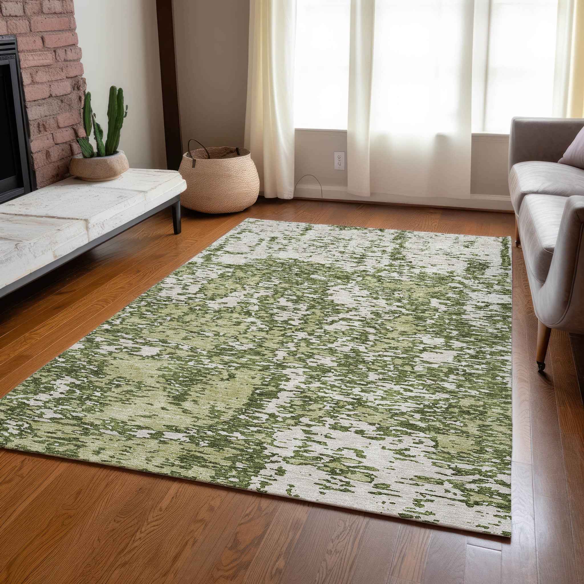 10' X 14' Olive Green And Ivory Abstract Washable Indoor Outdoor Area Rug