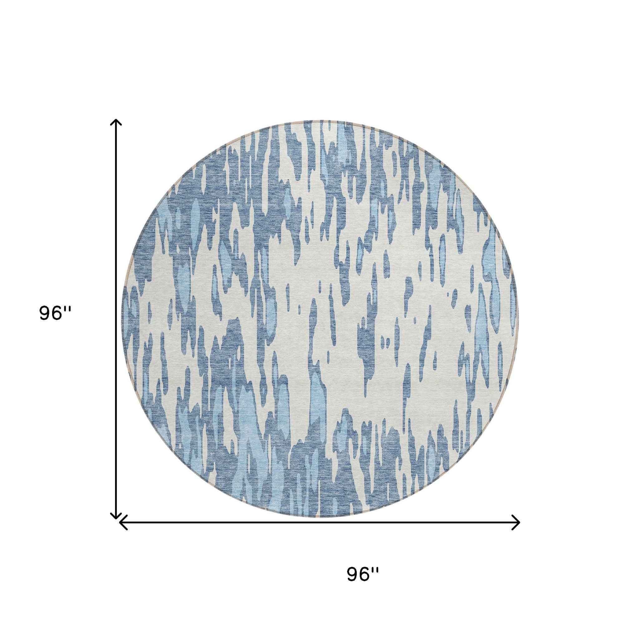 8' Denim Blue And Ivory Round Abstract Washable Indoor Outdoor Area Rug