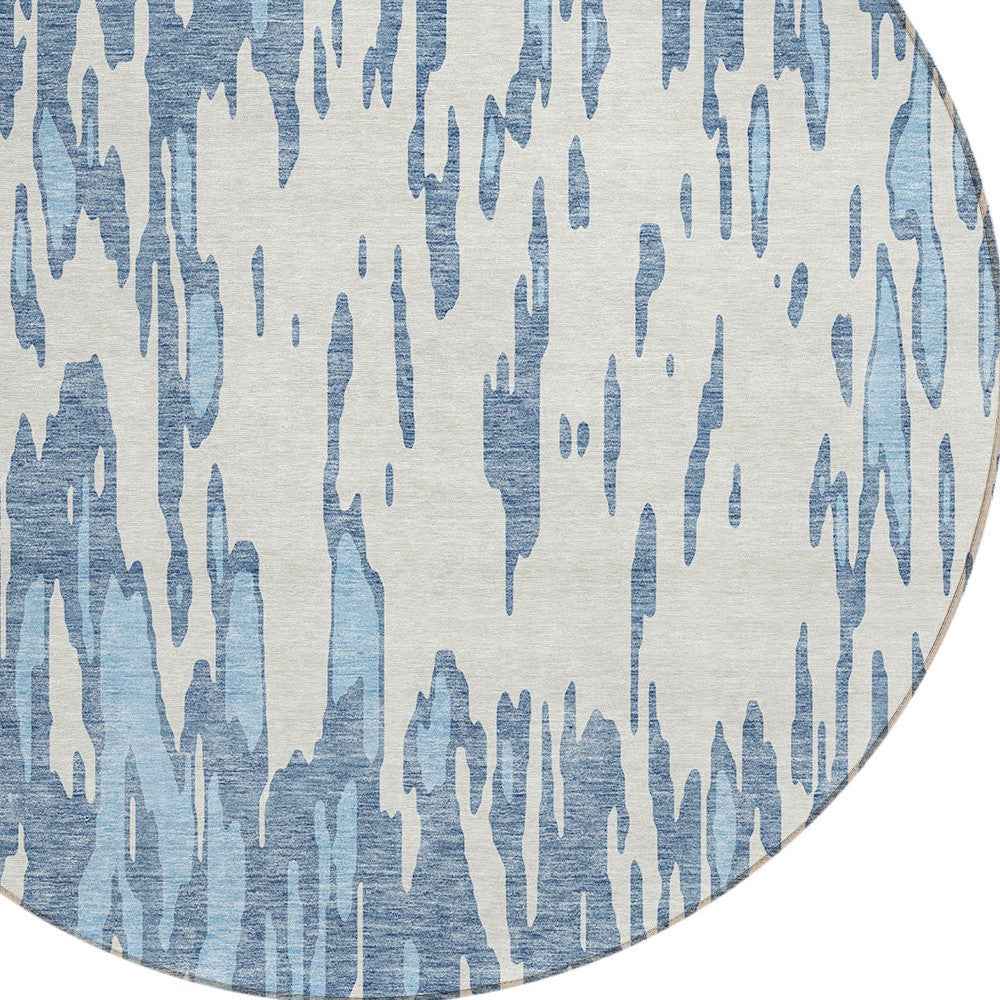 8' Denim Blue And Ivory Round Abstract Washable Indoor Outdoor Area Rug