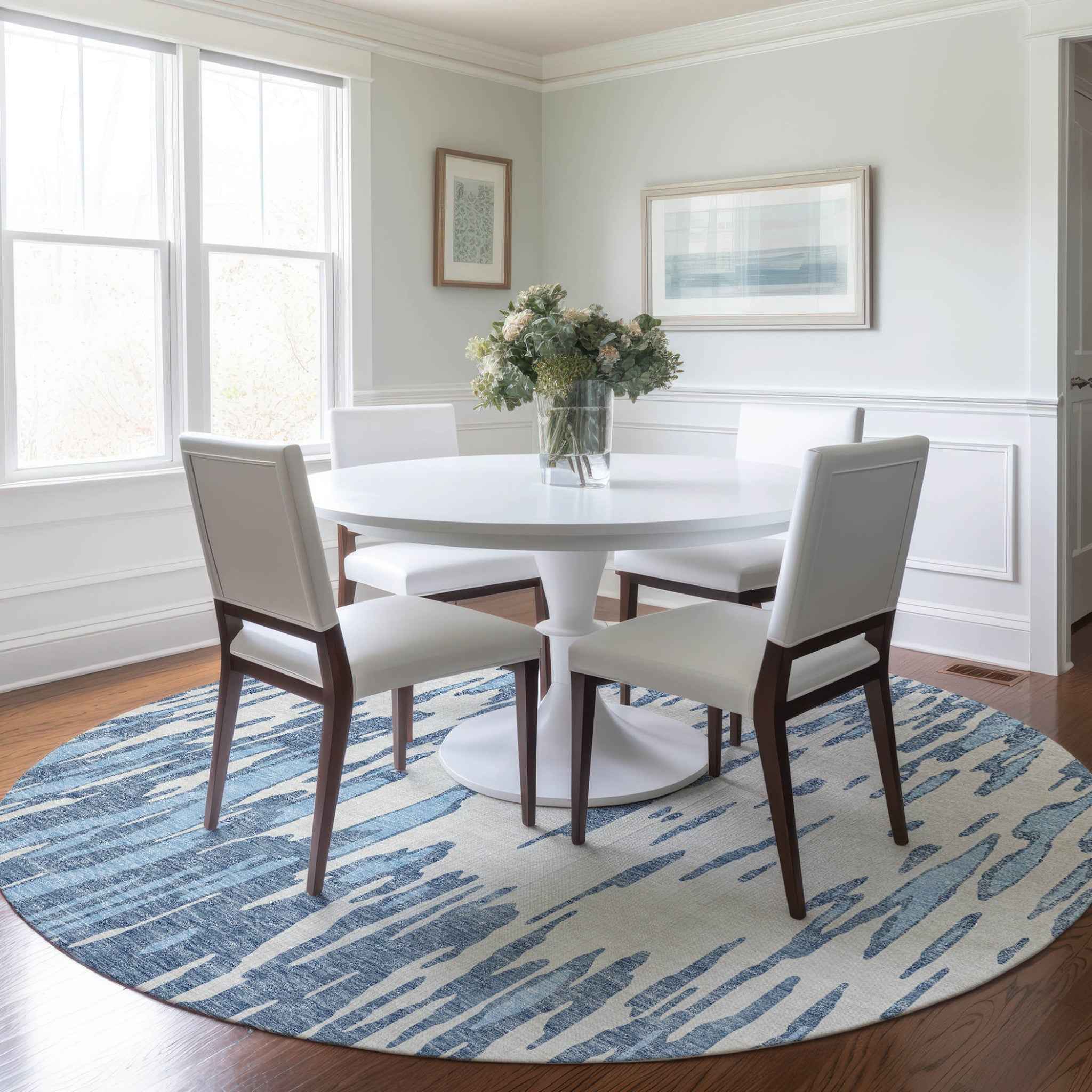 8' Denim Blue And Ivory Round Abstract Washable Indoor Outdoor Area Rug