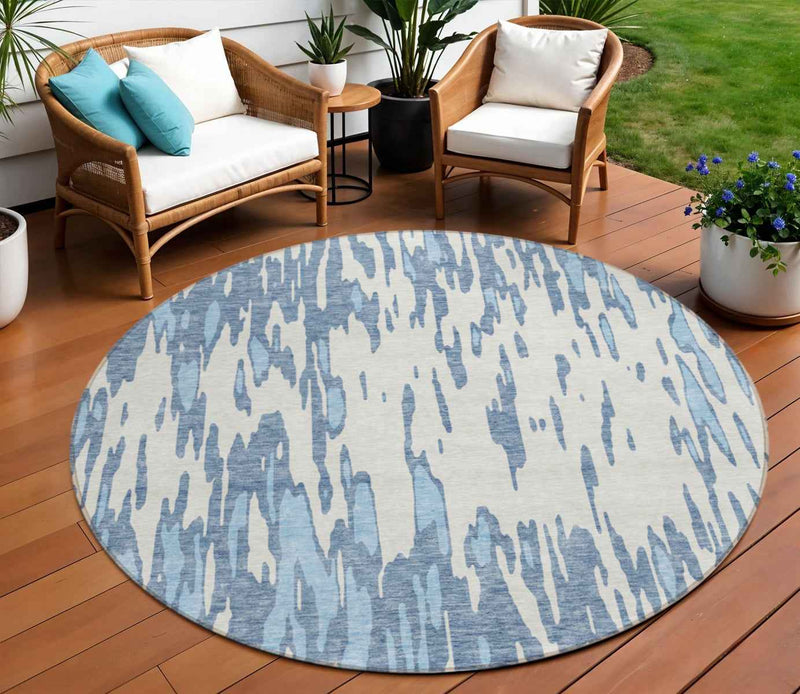 8' Denim Blue And Ivory Round Abstract Washable Indoor Outdoor Area Rug