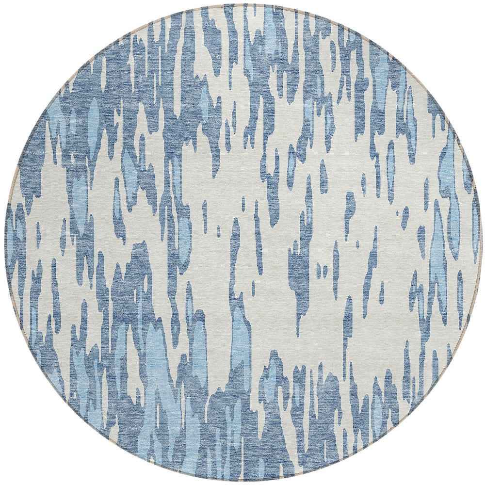 8' Denim Blue And Ivory Round Abstract Washable Indoor Outdoor Area Rug