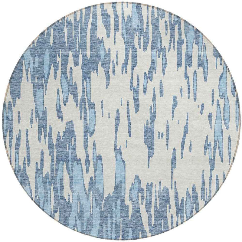 8' Denim Blue And Ivory Round Abstract Washable Indoor Outdoor Area Rug