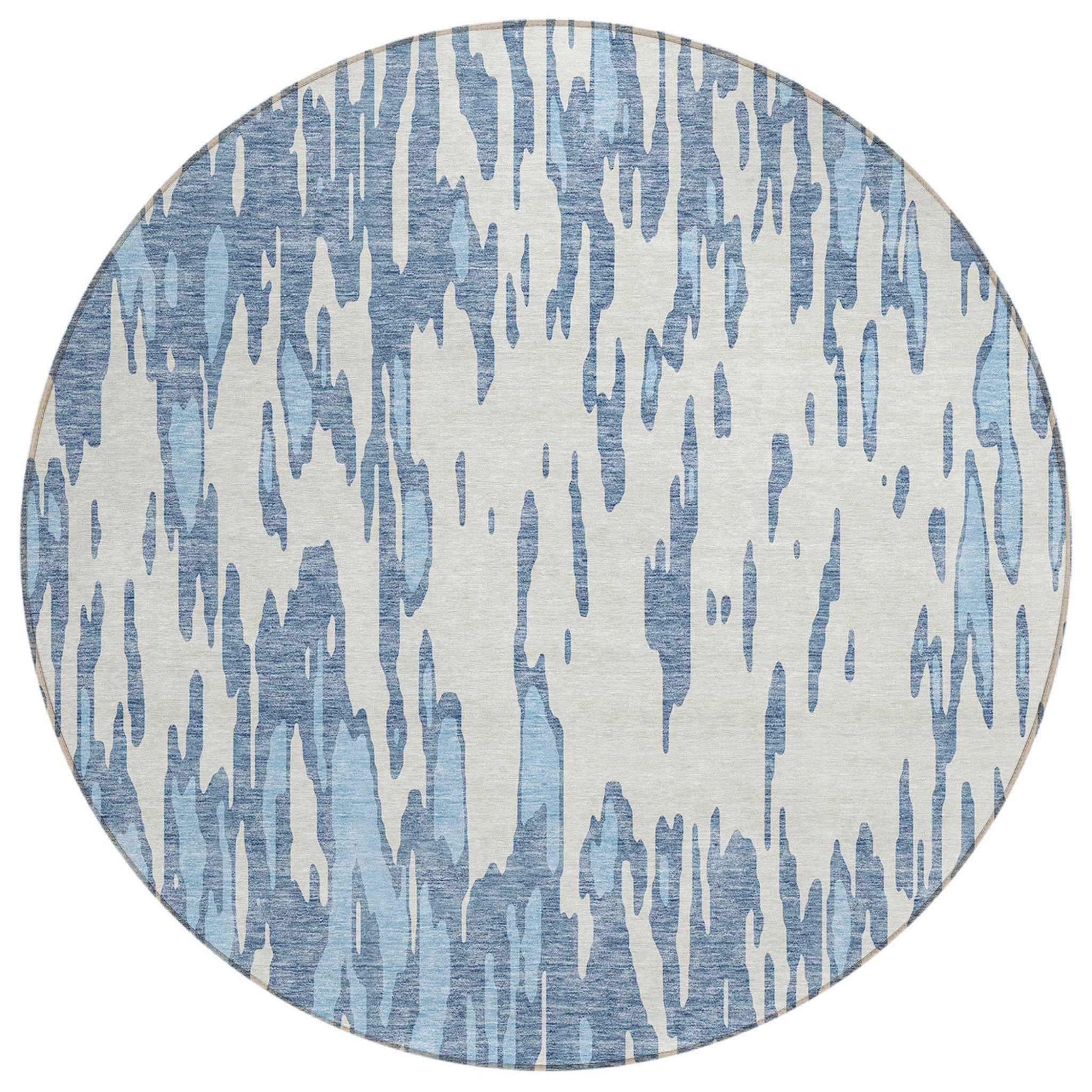 8' Denim Blue And Ivory Round Abstract Washable Indoor Outdoor Area Rug