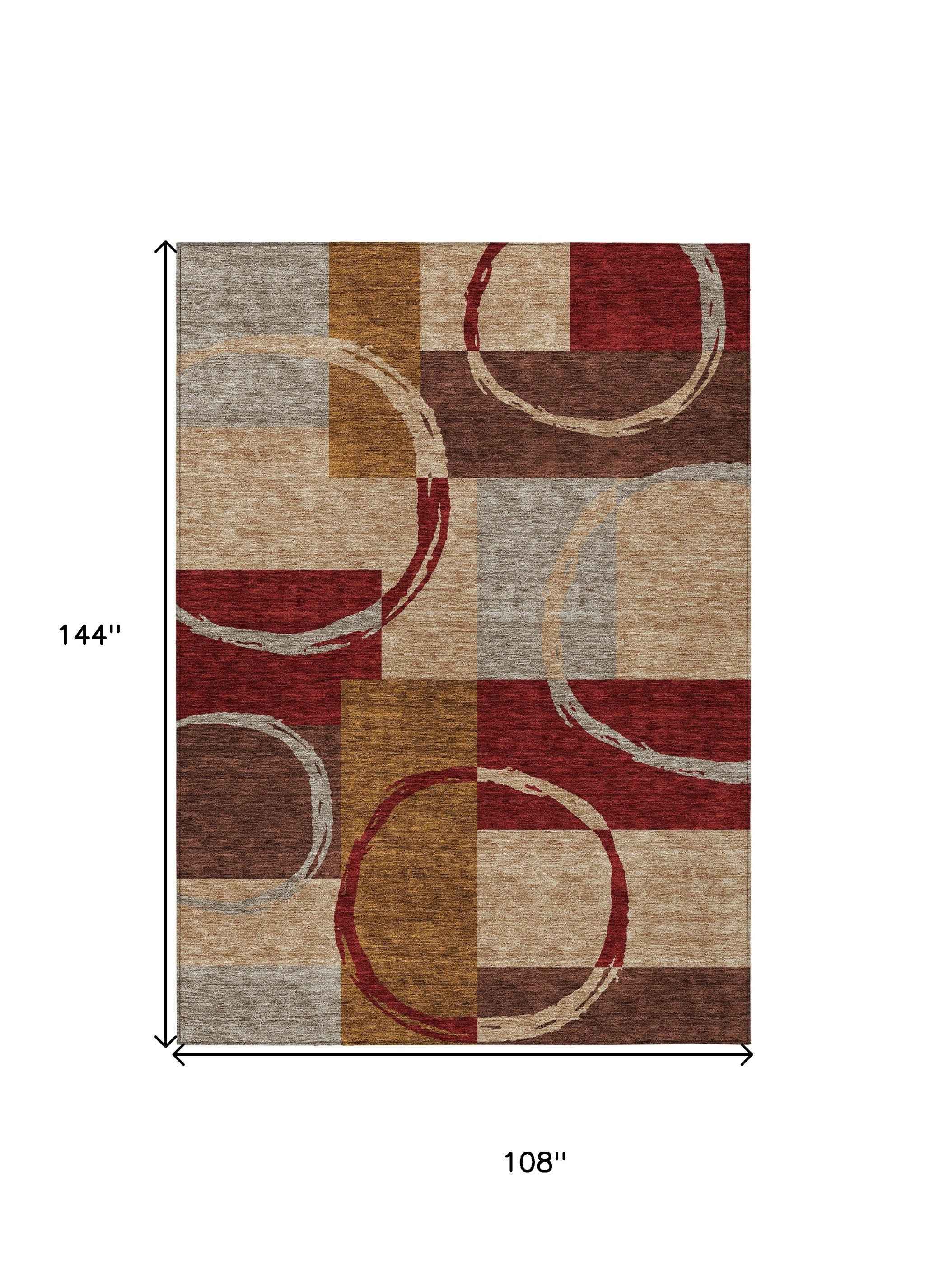 9' X 12' Wheat And Burgundy Geometric Washable Indoor Outdoor Area Rug