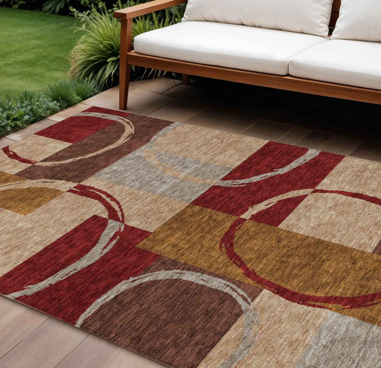 9' X 12' Wheat And Burgundy Geometric Washable Indoor Outdoor Area Rug