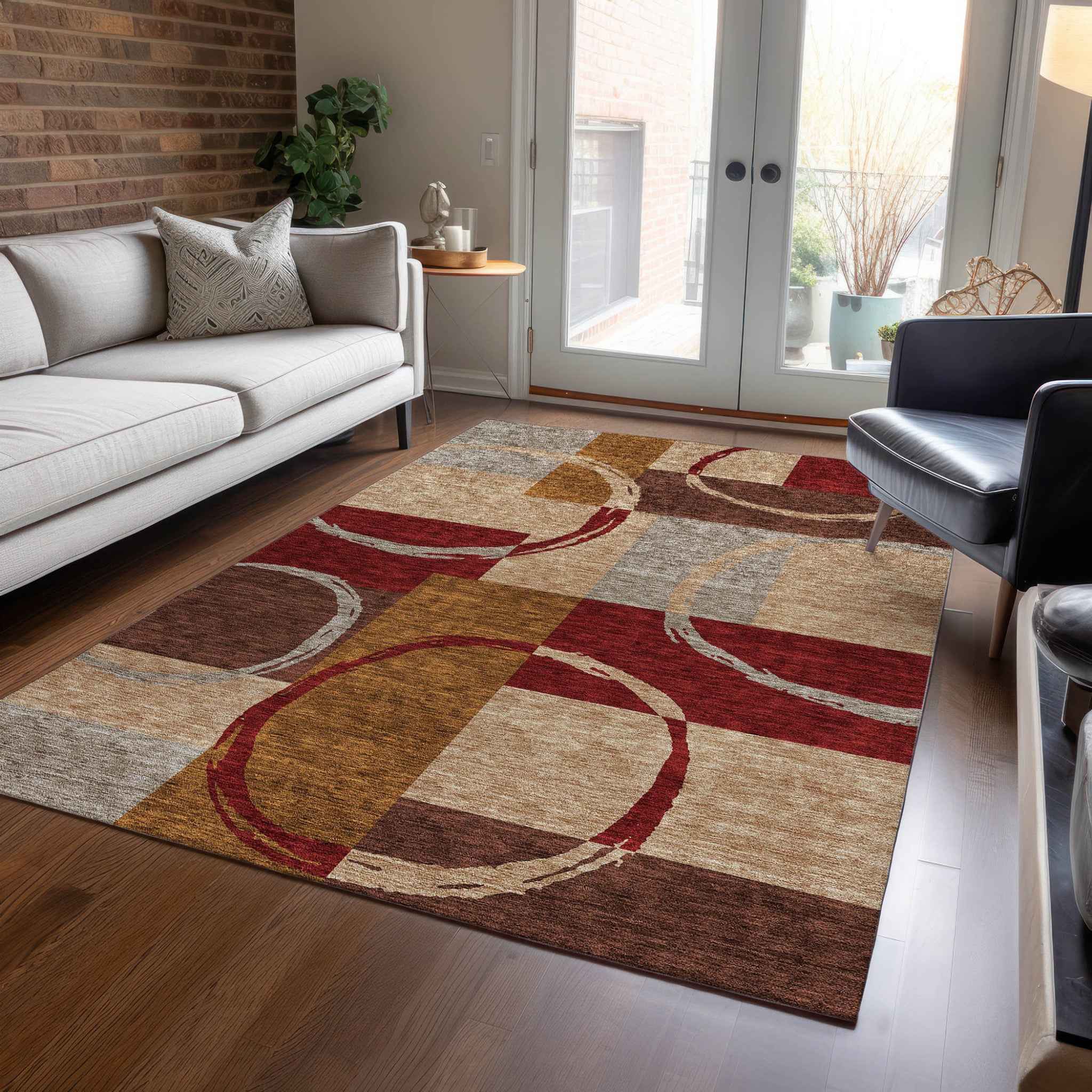 9' X 12' Wheat And Burgundy Geometric Washable Indoor Outdoor Area Rug