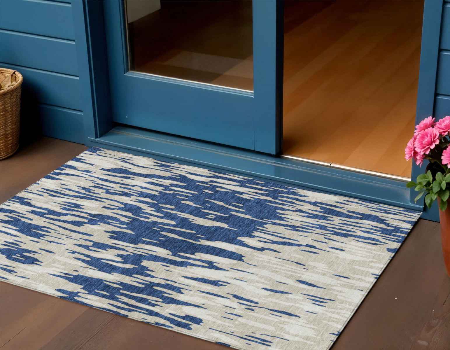 3' X 5' Navy Blue And Ivory Abstract Washable Indoor Outdoor Area Rug