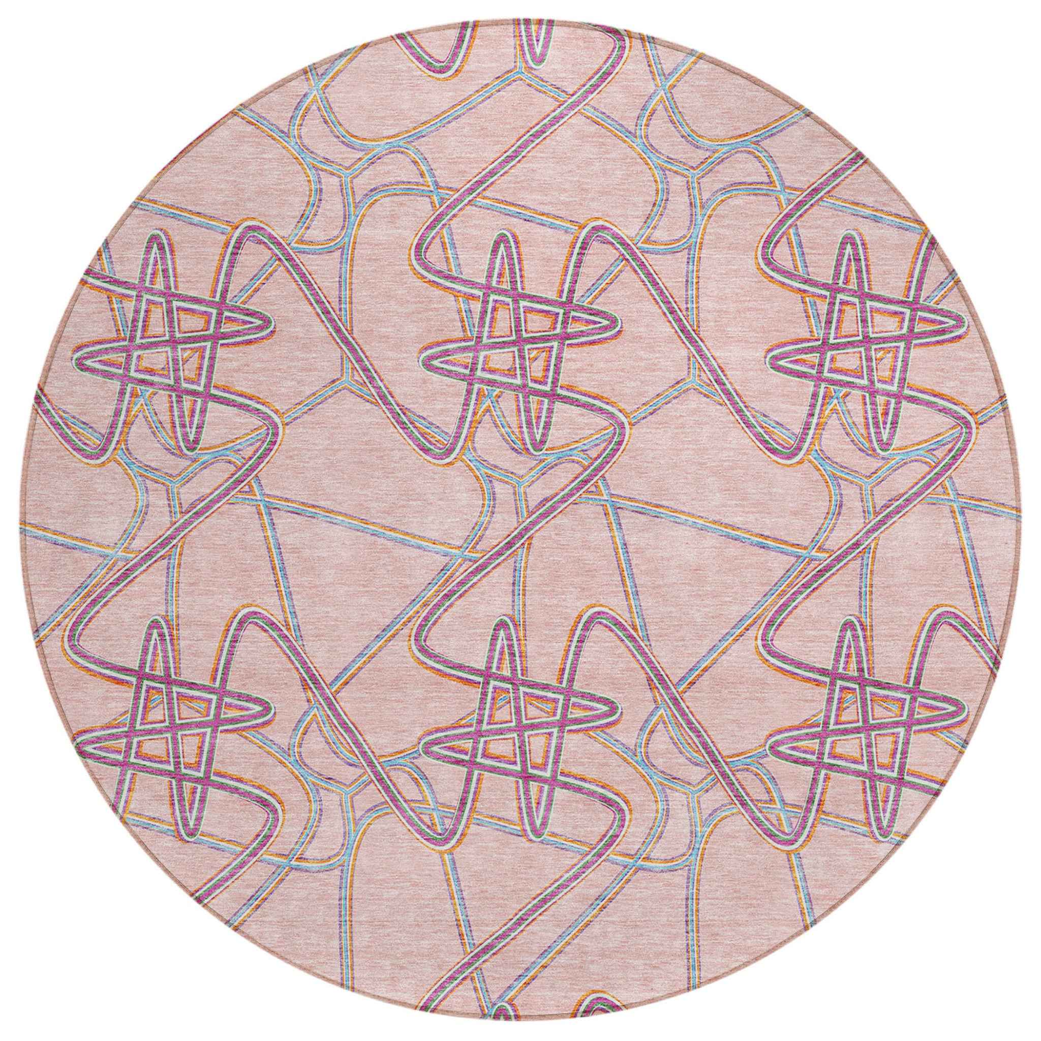 8' Pink Purple And Sky Blue Round Geometric Washable Indoor Outdoor Area Rug