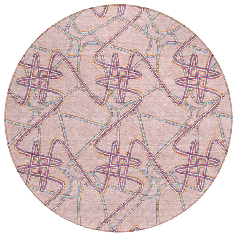 8' Pink Purple And Sky Blue Round Geometric Washable Indoor Outdoor Area Rug