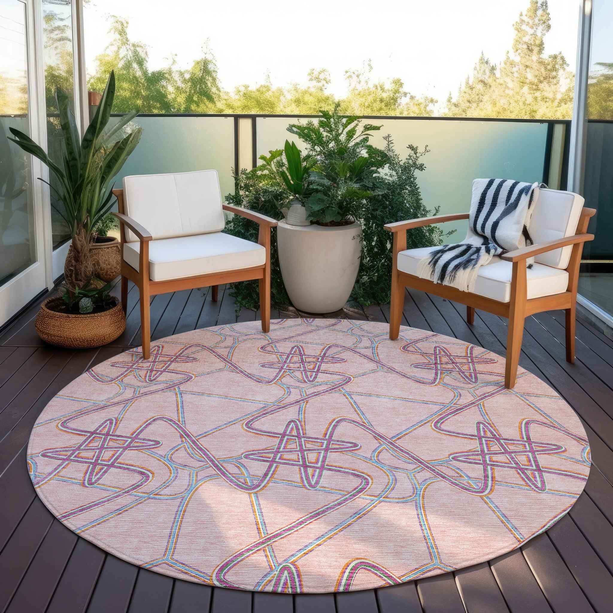 8' Pink Purple And Sky Blue Round Geometric Washable Indoor Outdoor Area Rug