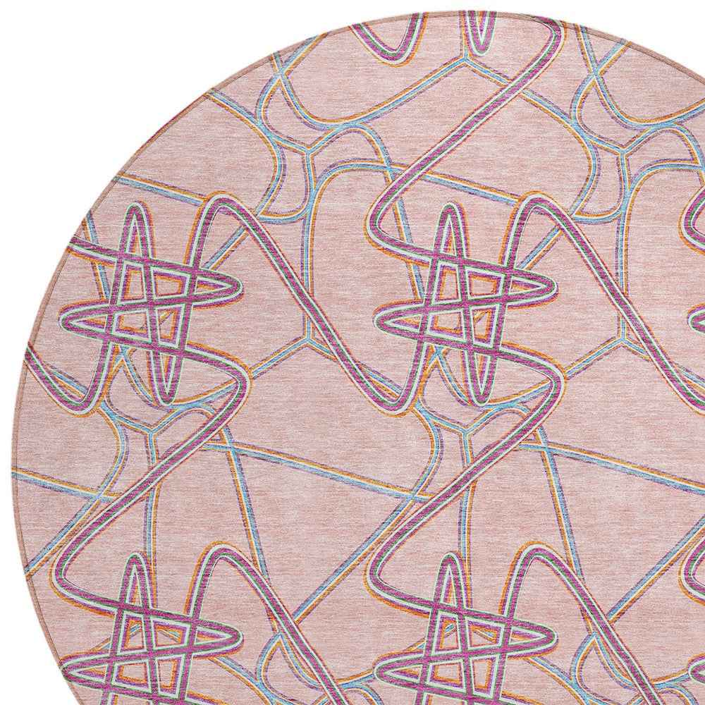 8' Pink Purple And Sky Blue Round Geometric Washable Indoor Outdoor Area Rug