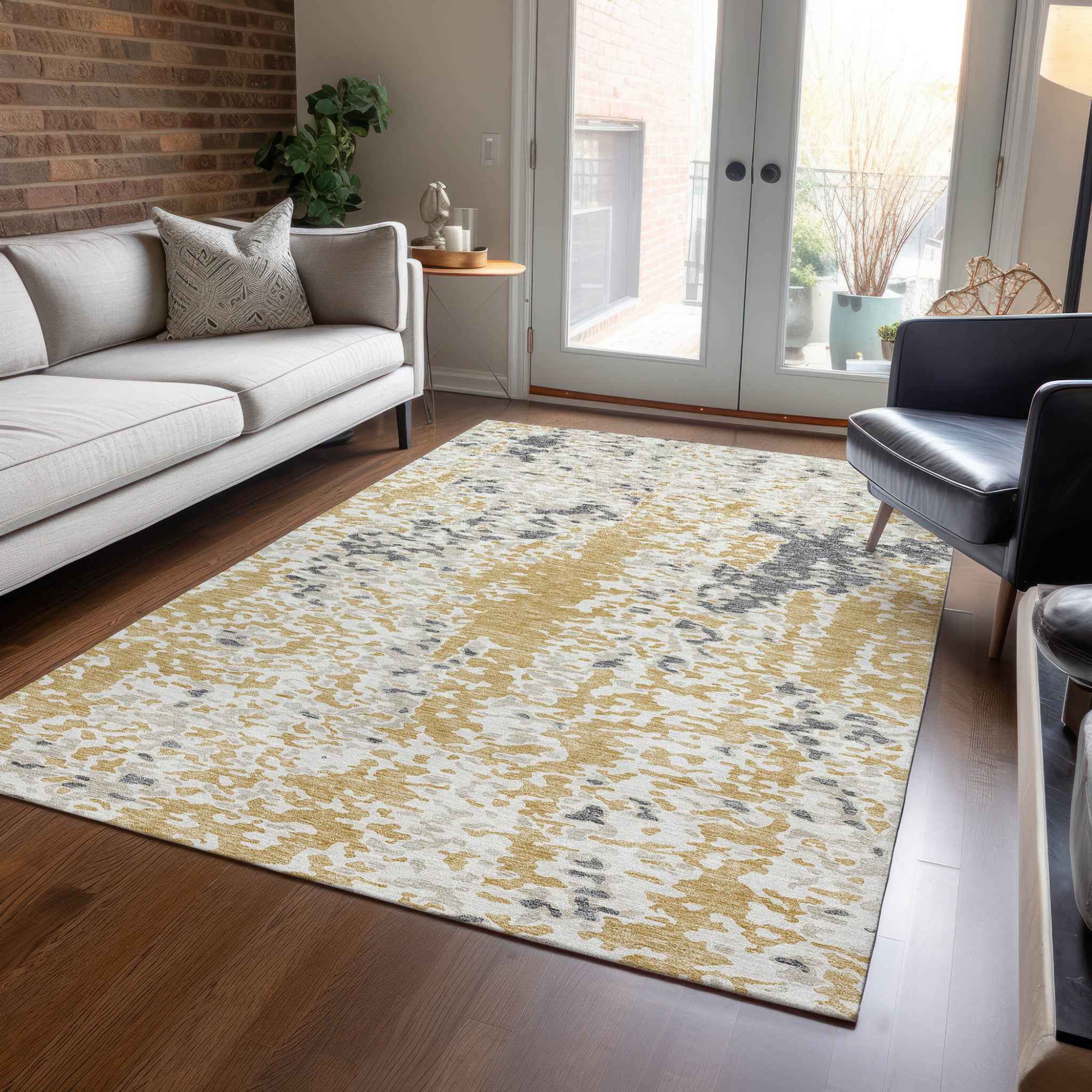 10' X 14' Gold And Ivory Abstract Washable Indoor Outdoor Area Rug