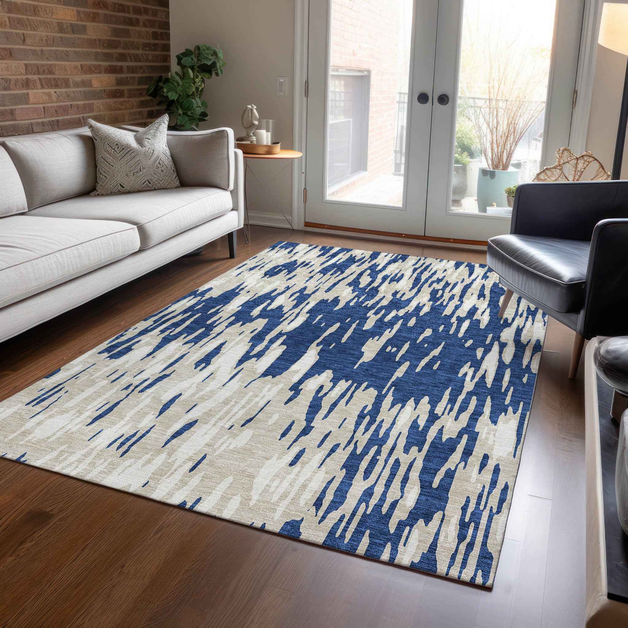 8' X 10' Navy Blue And Ivory Abstract Washable Indoor Outdoor Area Rug