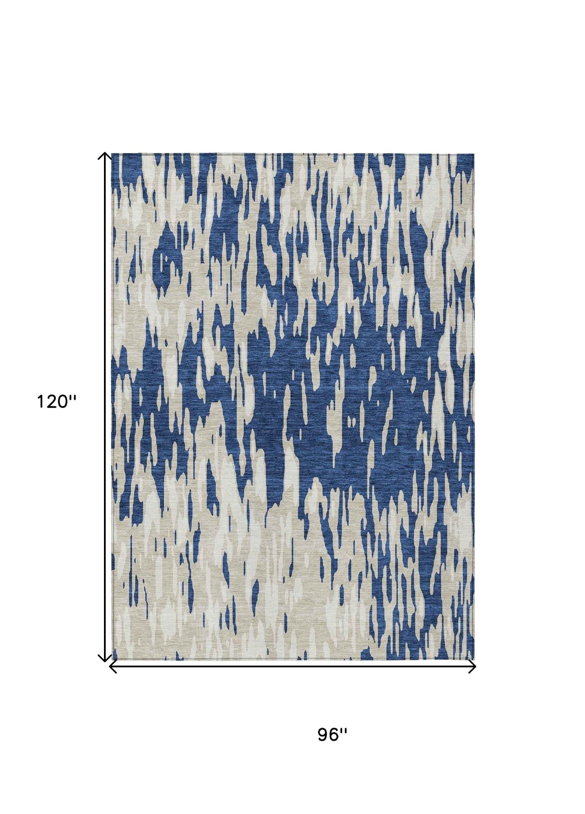 8' X 10' Navy Blue And Ivory Abstract Washable Indoor Outdoor Area Rug