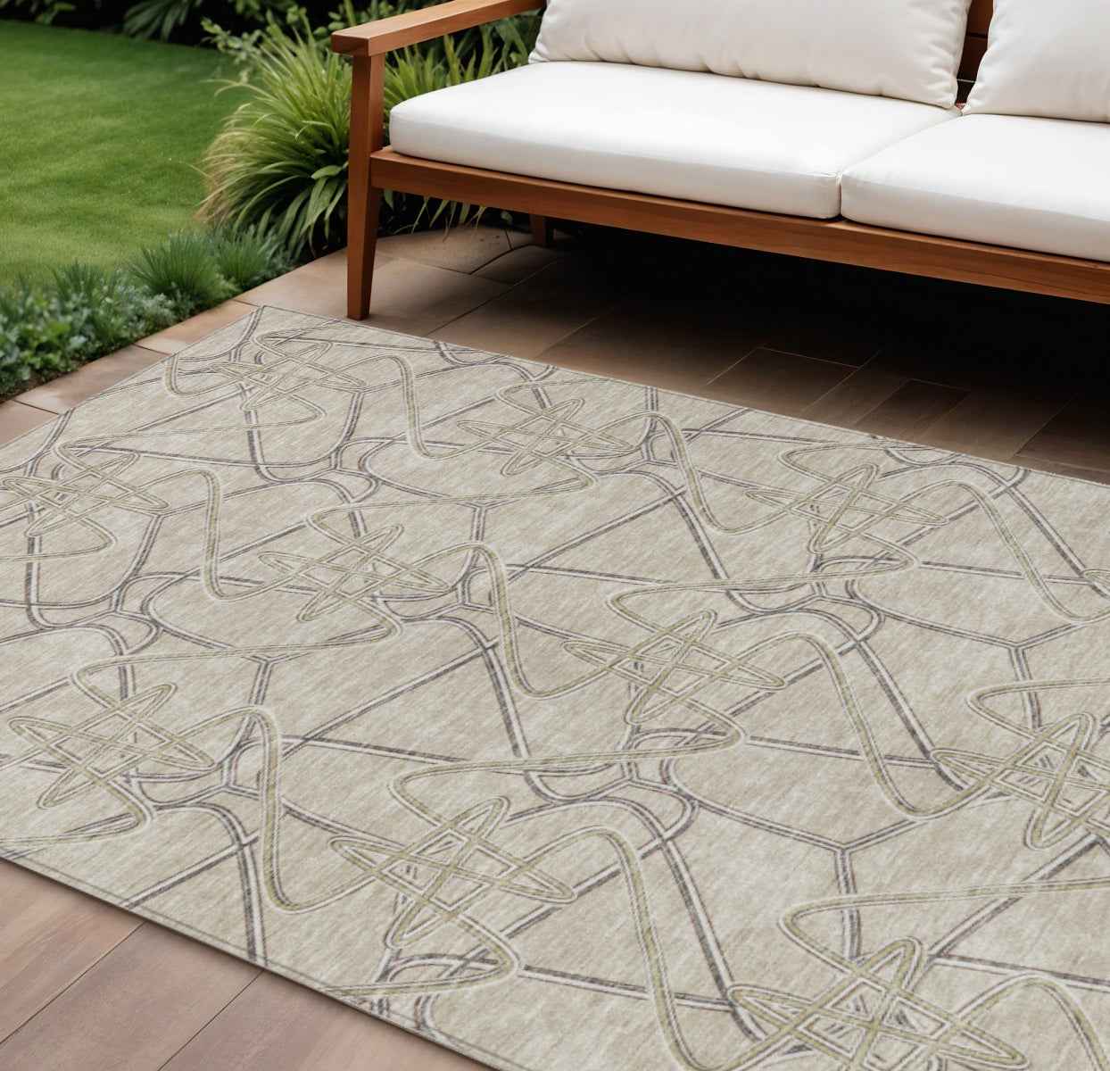 9' X 12' Beige Ivory And Gray Geometric Washable Indoor Outdoor Area Rug