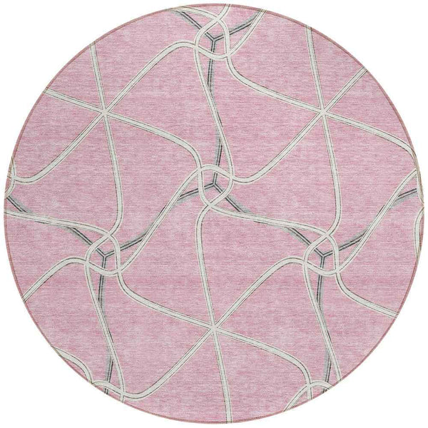 8' Pink And Ivory Round Geometric Washable Indoor Outdoor Area Rug