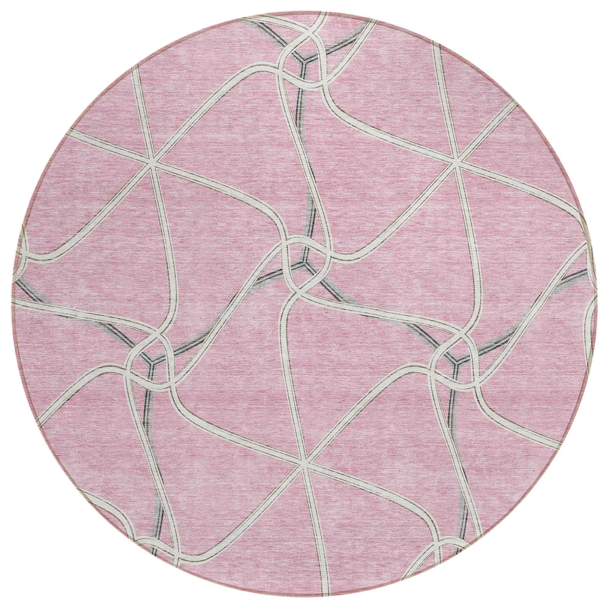 8' Pink And Ivory Round Geometric Washable Indoor Outdoor Area Rug