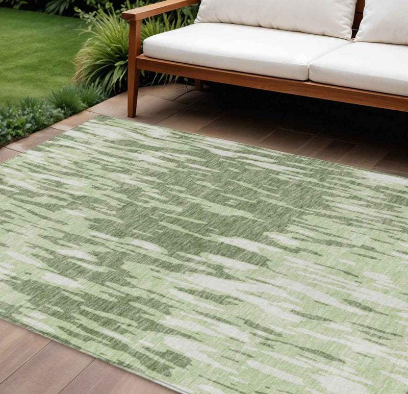 10' X 14' Green And Ivory Abstract Washable Indoor Outdoor Area Rug