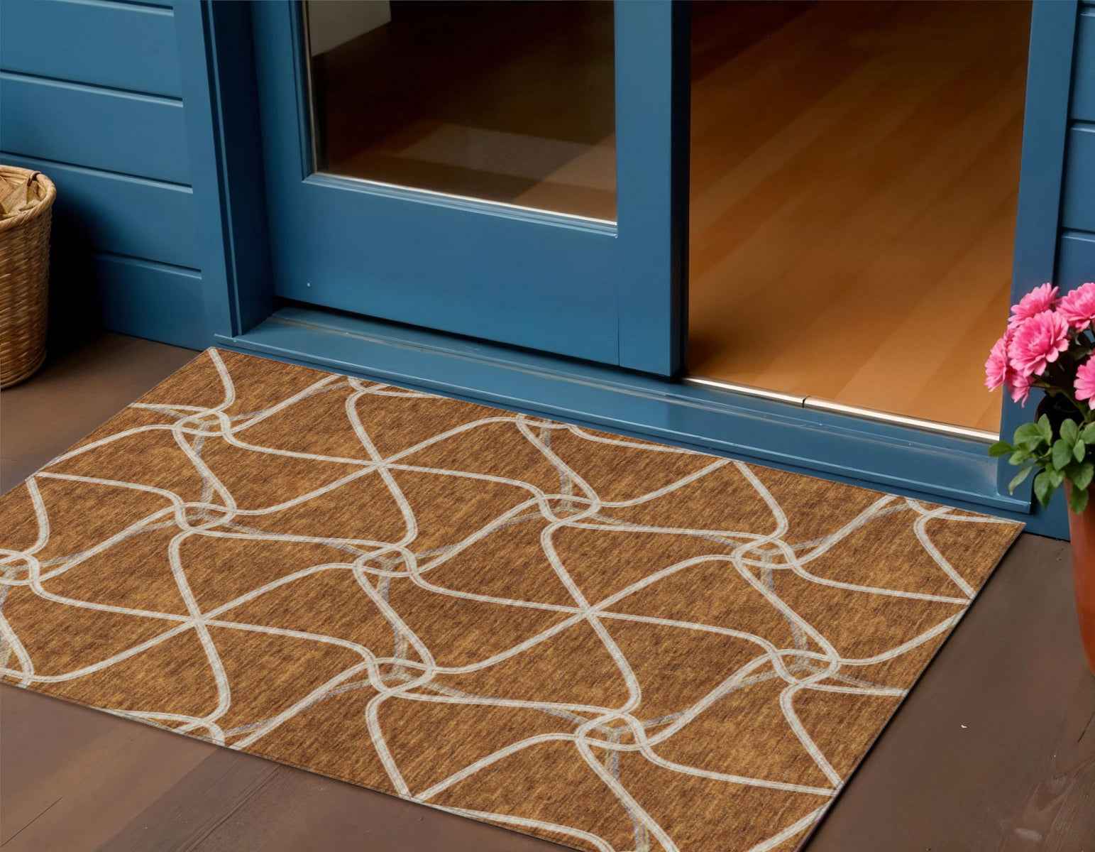 3' X 5' Orange And Ivory Geometric Washable Indoor Outdoor Area Rug