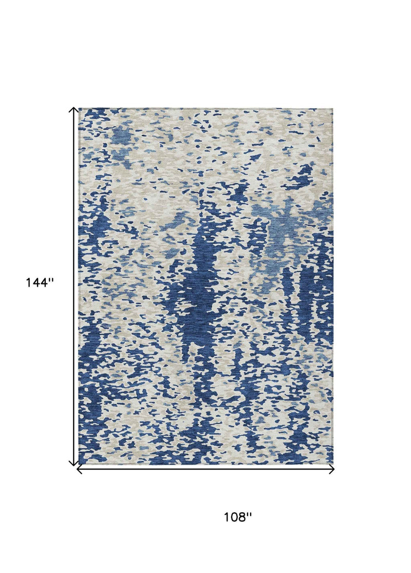 9' X 12' Navy Blue And Ivory Abstract Washable Indoor Outdoor Area Rug