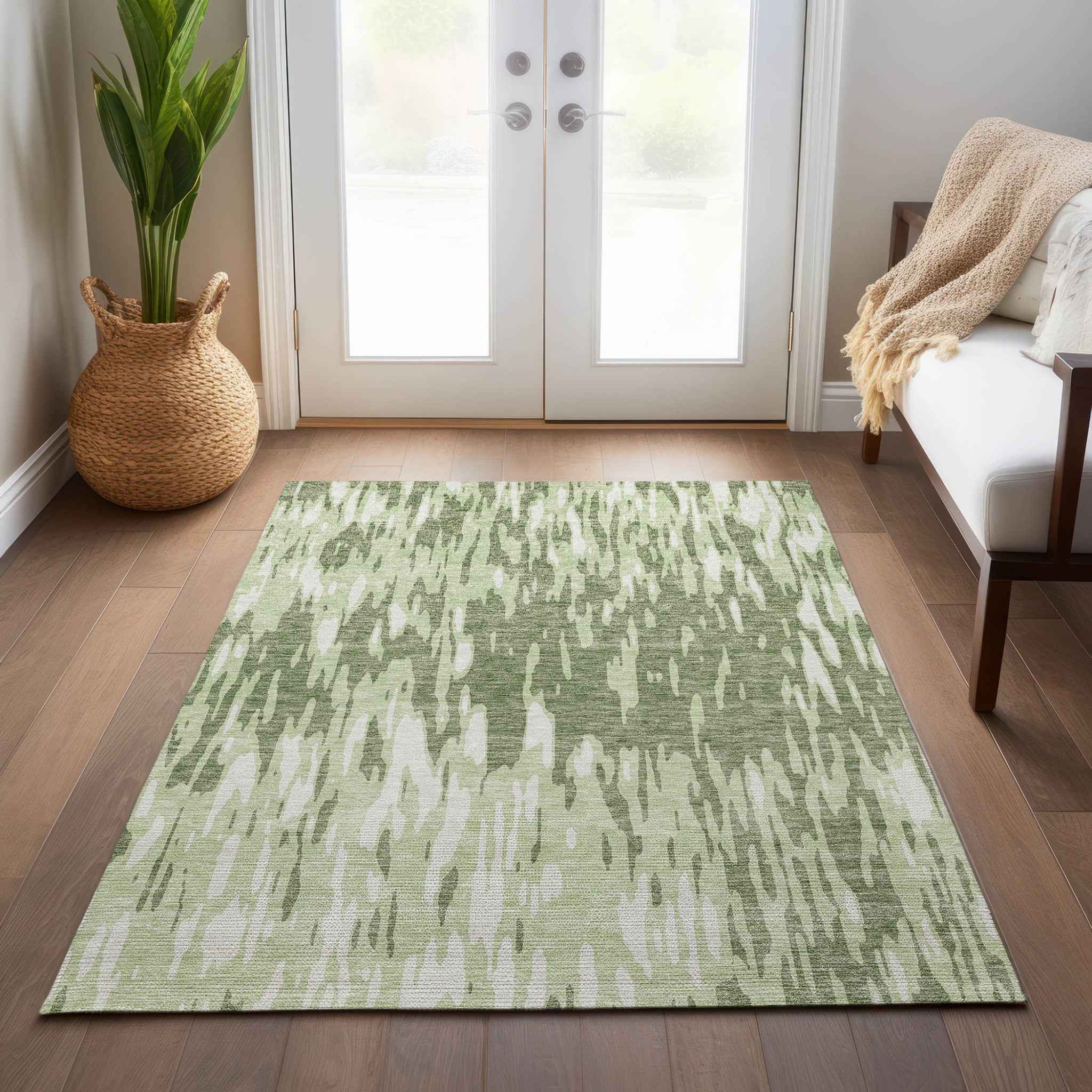 5' X 8' Green And Ivory Abstract Washable Indoor Outdoor Area Rug