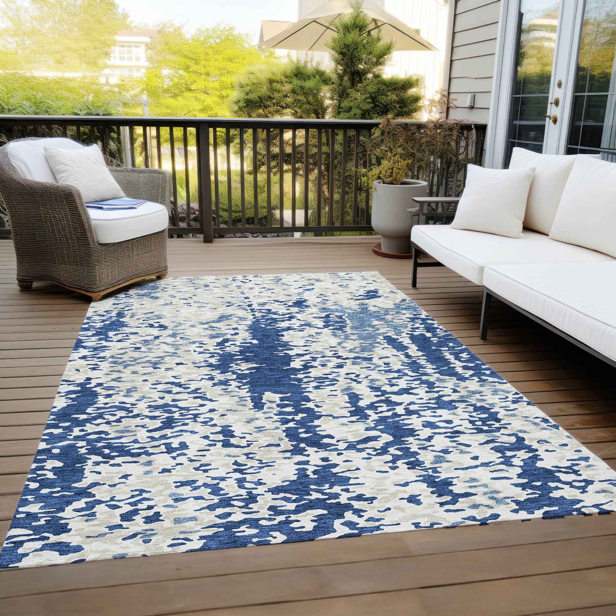 9' X 12' Navy Blue And Ivory Abstract Washable Indoor Outdoor Area Rug