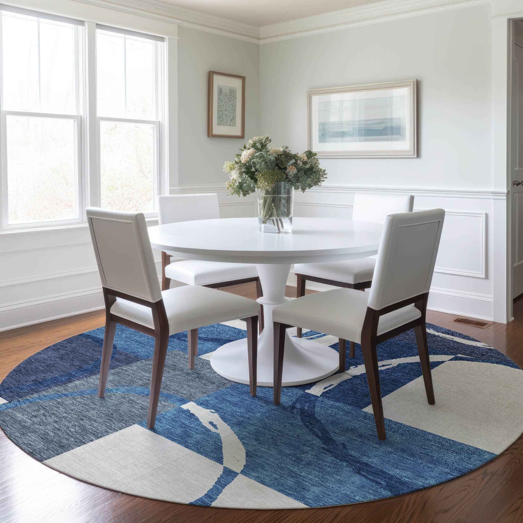 8' Blue And Ivory Round Geometric Washable Indoor Outdoor Area Rug Default Title