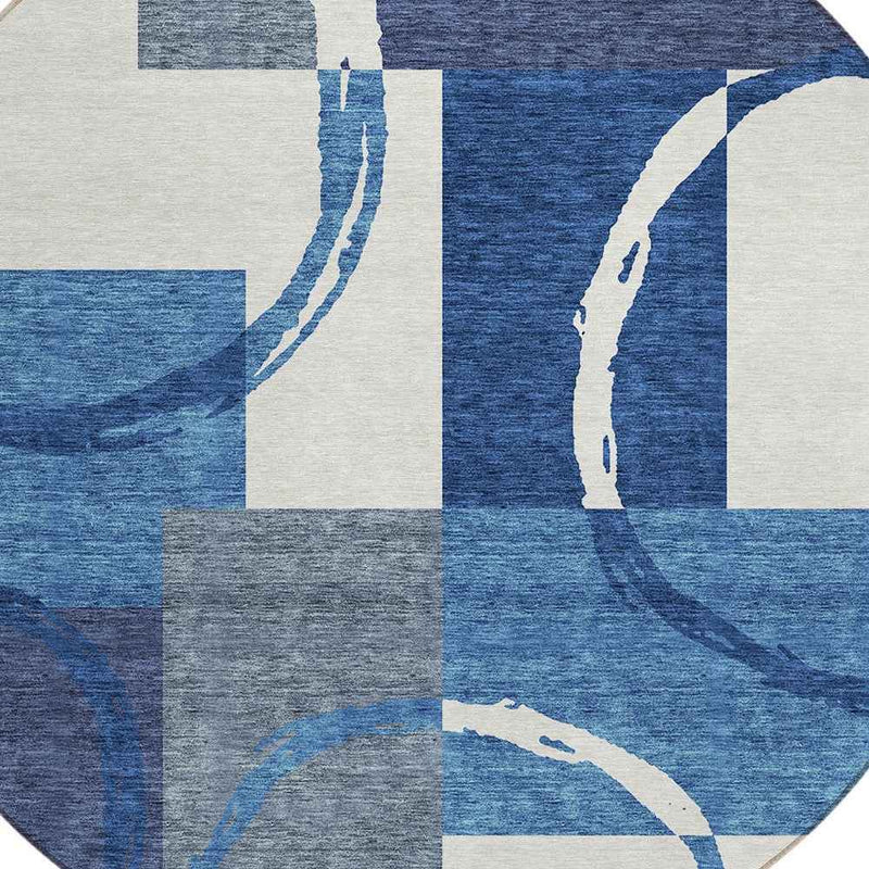 8' Blue And Ivory Round Geometric Washable Indoor Outdoor Area Rug