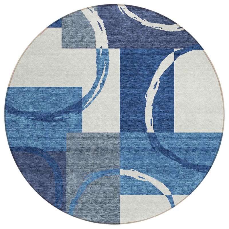8' Blue And Ivory Round Geometric Washable Indoor Outdoor Area Rug