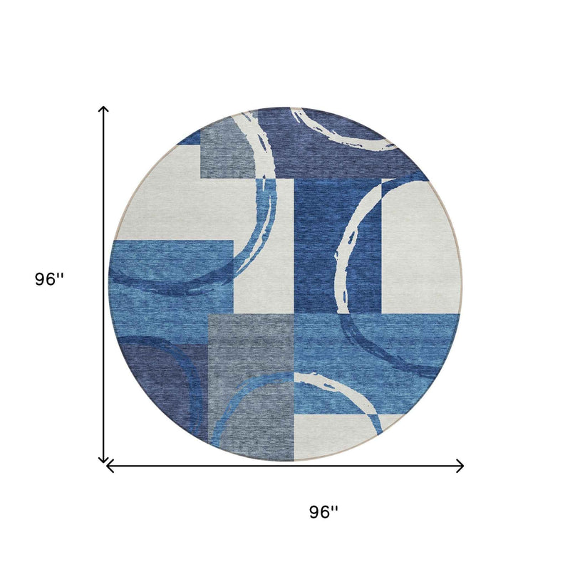 8' Blue And Ivory Round Geometric Washable Indoor Outdoor Area Rug