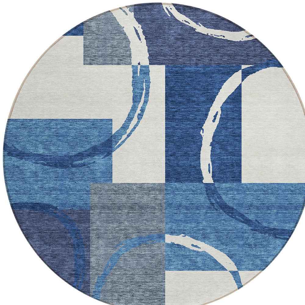 8' Blue And Ivory Round Geometric Washable Indoor Outdoor Area Rug