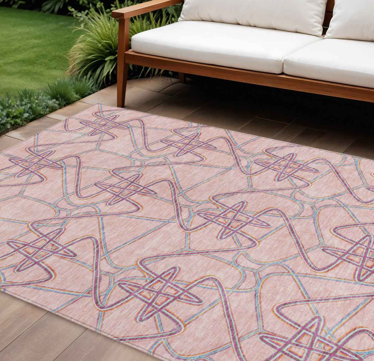 8' X 10' Pink Purple And Sky Blue Geometric Washable Indoor Outdoor Area Rug