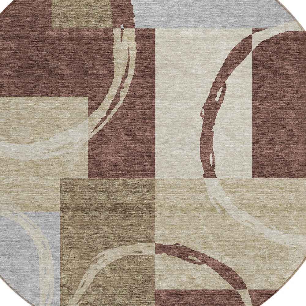 8' Brown And Ivory Round Geometric Washable Indoor Outdoor Area Rug