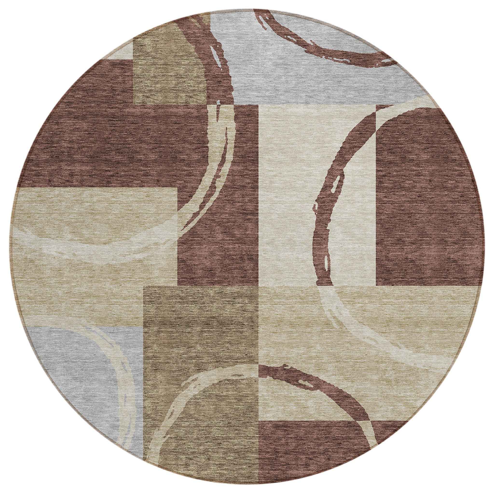 8' Brown And Ivory Round Geometric Washable Indoor Outdoor Area Rug