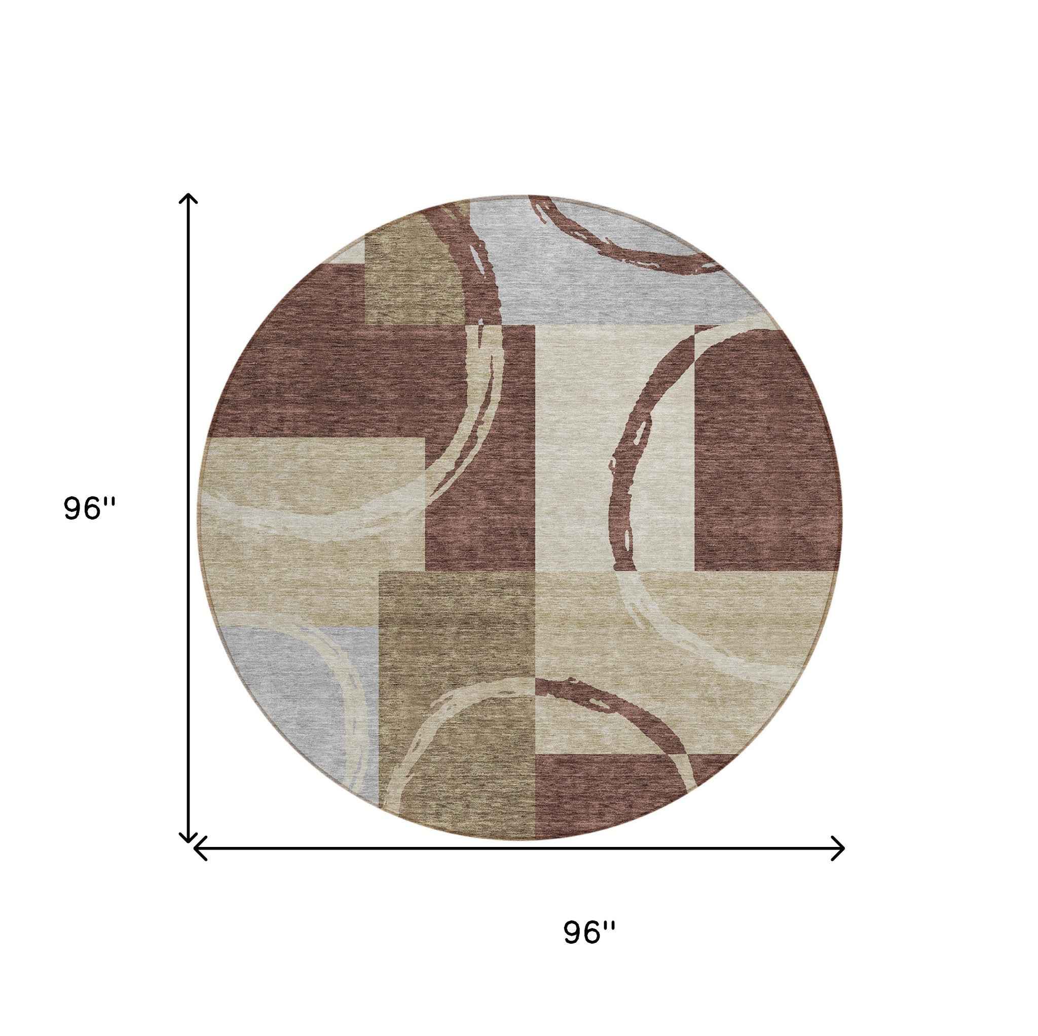 8' Brown And Ivory Round Geometric Washable Indoor Outdoor Area Rug