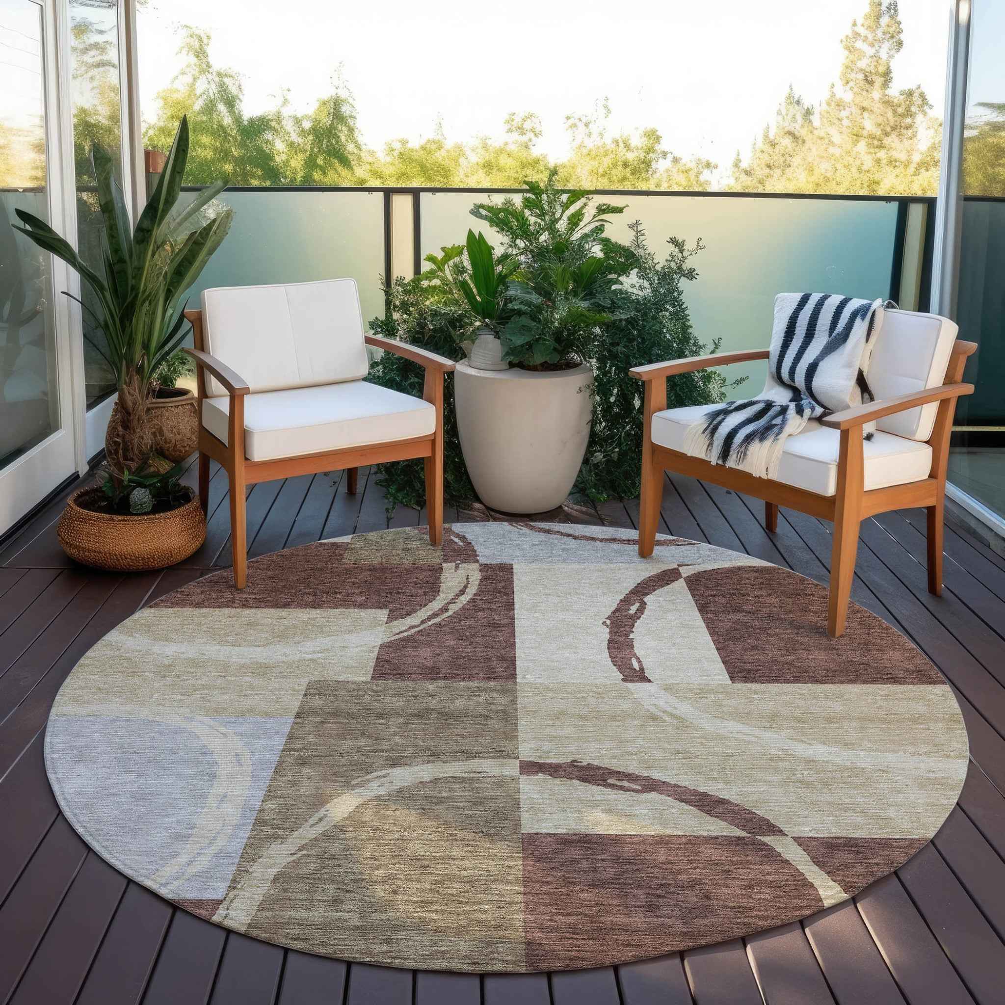 8' Brown And Ivory Round Geometric Washable Indoor Outdoor Area Rug