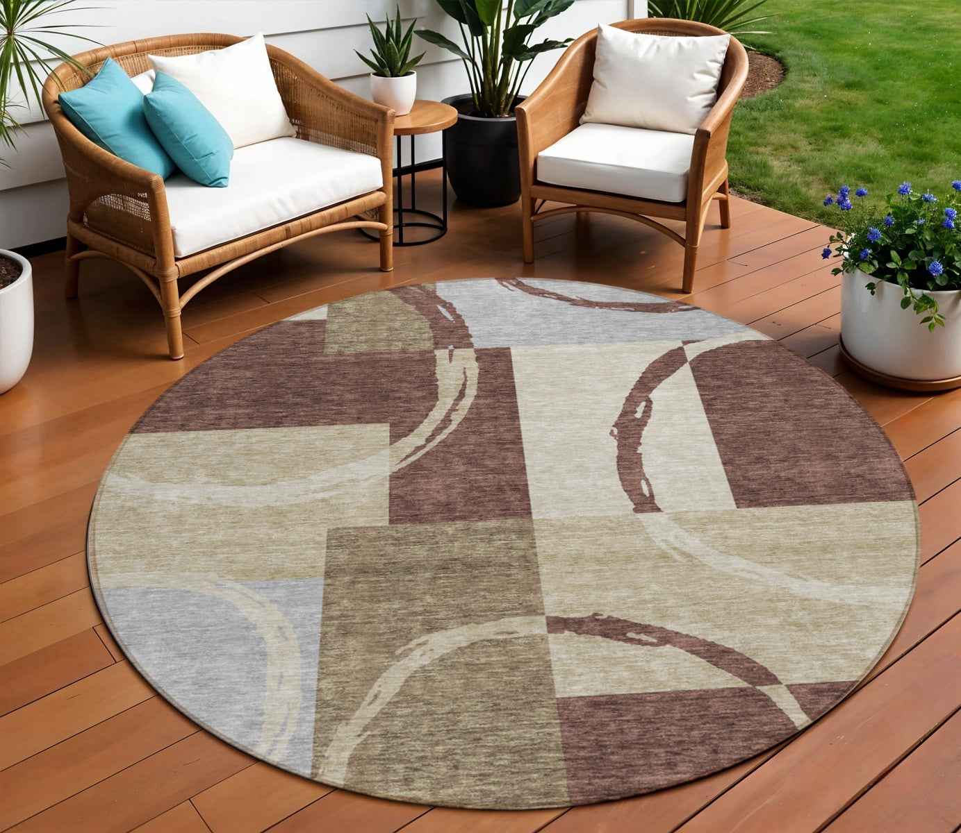 8' Brown And Ivory Round Geometric Washable Indoor Outdoor Area Rug