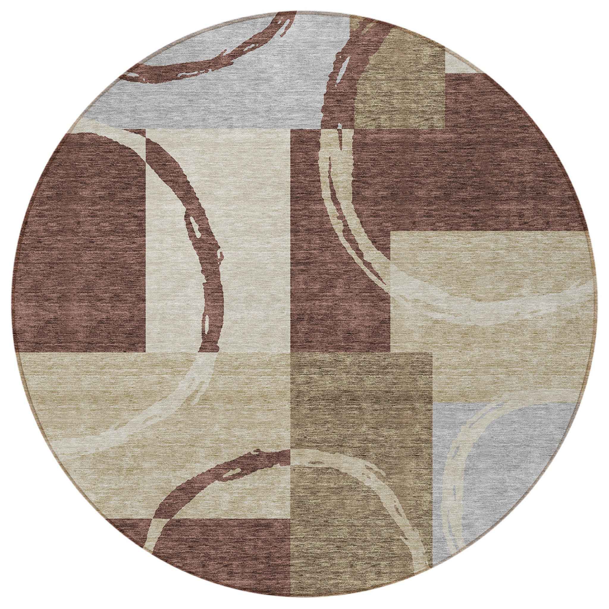 8' Brown And Ivory Round Geometric Washable Indoor Outdoor Area Rug