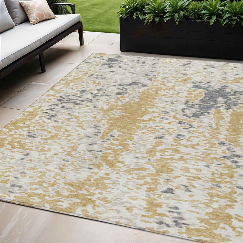 5' X 8' Gold And Ivory Abstract Washable Indoor Outdoor Area Rug