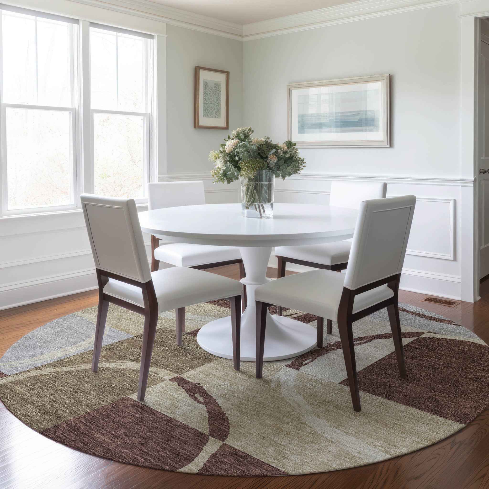 8' Brown And Ivory Round Geometric Washable Indoor Outdoor Area Rug