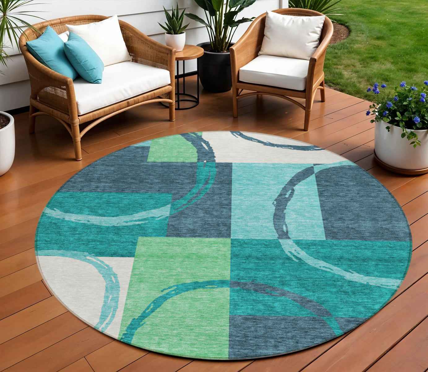 8' Teal Blue And Green Round Geometric Washable Indoor Outdoor Area Rug