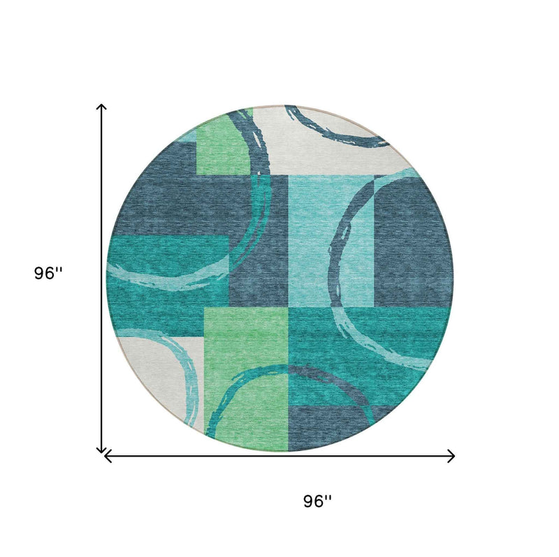 8' Teal Blue And Green Round Geometric Washable Indoor Outdoor Area Rug