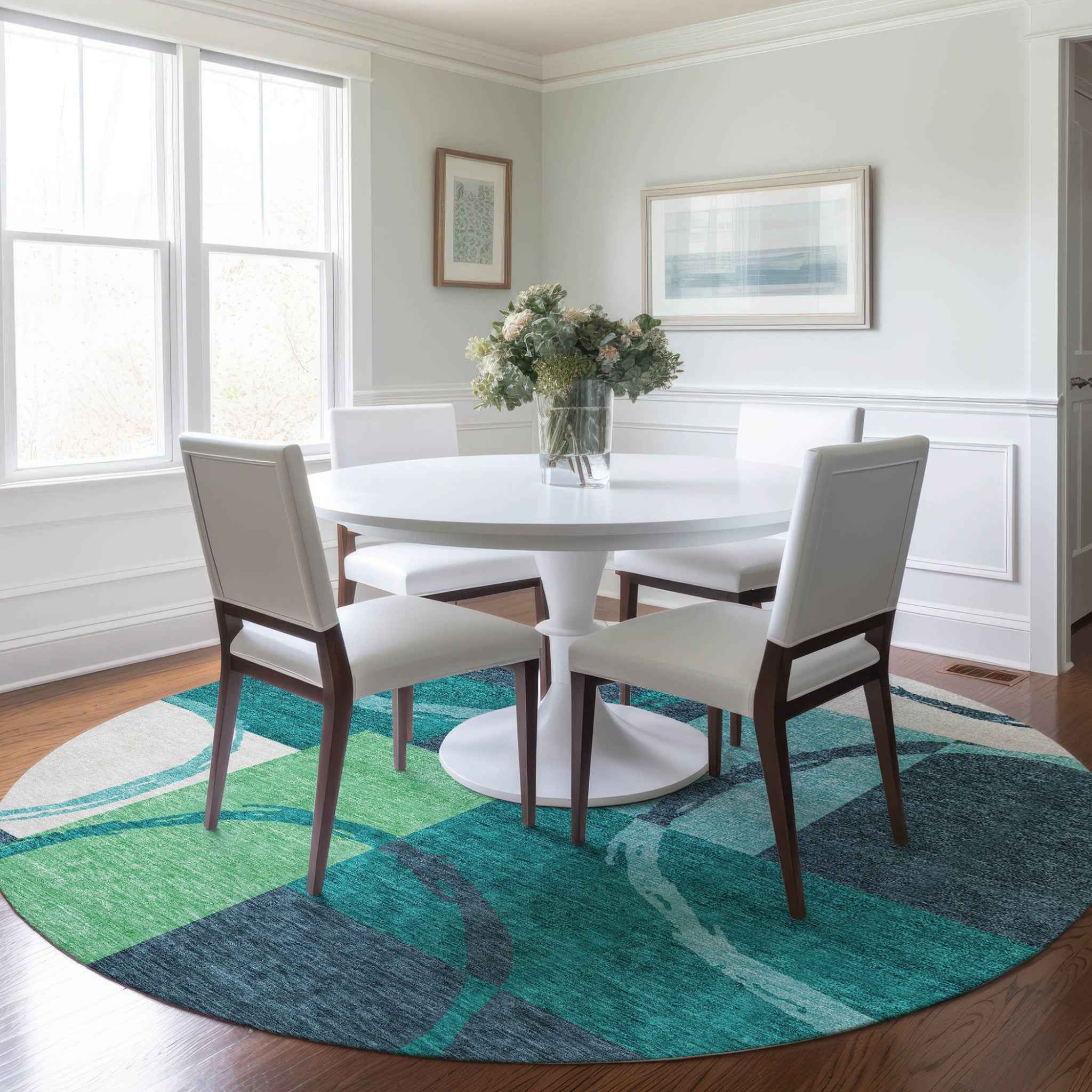 8' Teal Blue And Green Round Geometric Washable Indoor Outdoor Area Rug