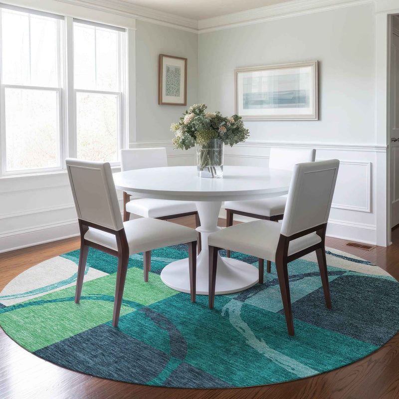 8' Teal Blue And Green Round Geometric Washable Indoor Outdoor Area Rug