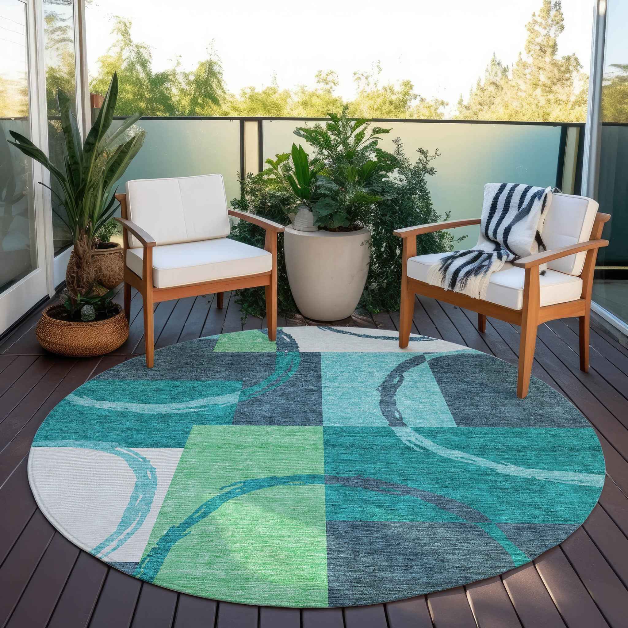 8' Teal Blue And Green Round Geometric Washable Indoor Outdoor Area Rug