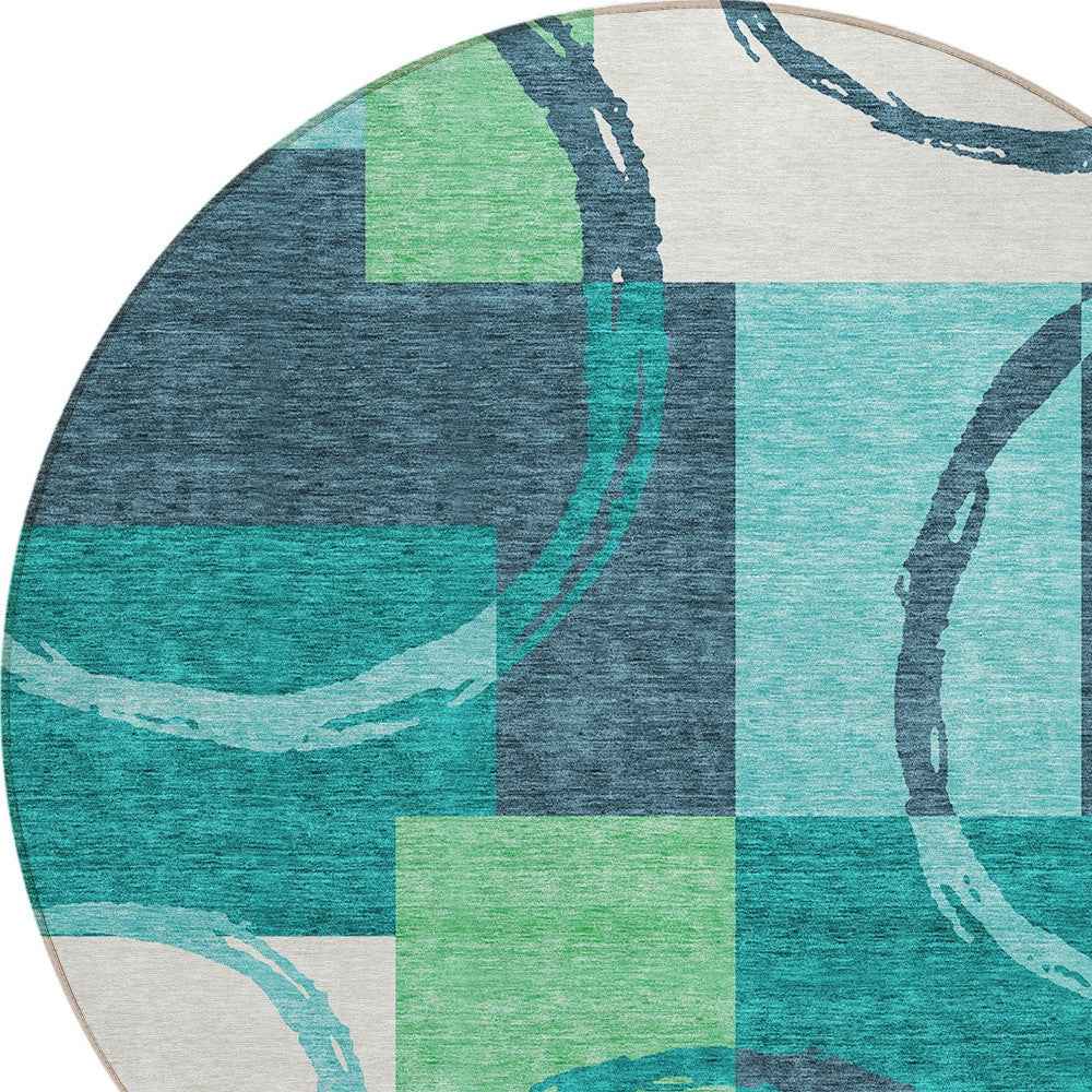 8' Teal Blue And Green Round Geometric Washable Indoor Outdoor Area Rug