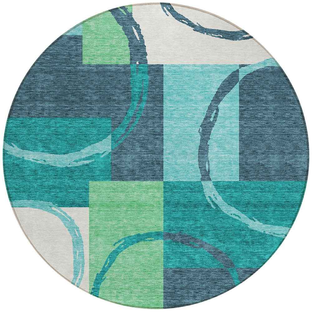 8' Teal Blue And Green Round Geometric Washable Indoor Outdoor Area Rug