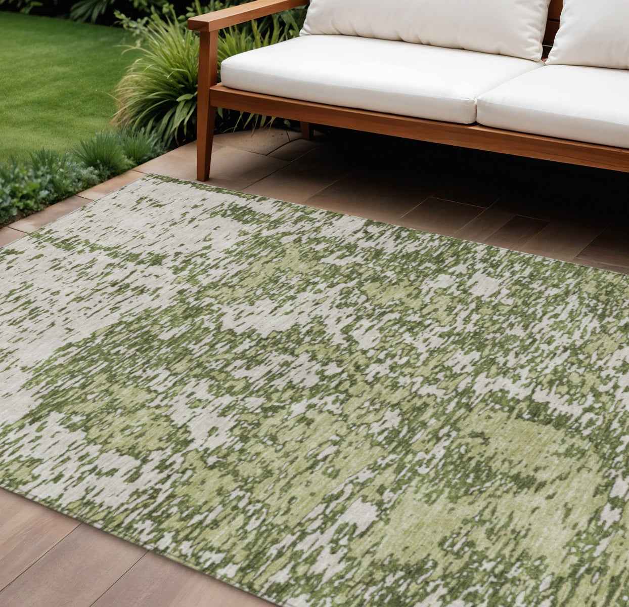 9' X 12' Olive Green And Ivory Abstract Washable Indoor Outdoor Area Rug