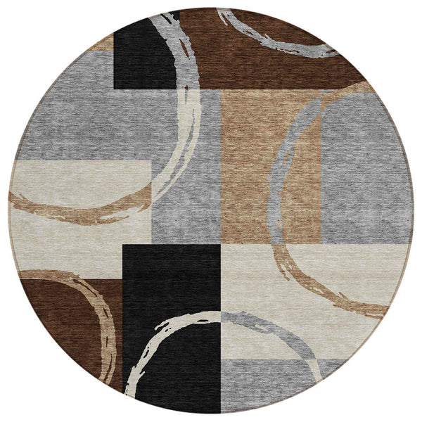 8' Pewter Gray And Black Round Geometric Washable Indoor Outdoor Area Rug